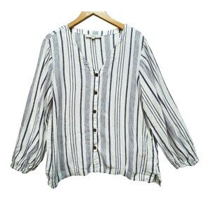 Loft Womens Linen Blend Button Up Shirt Size L White Blue Striped Casual Summer